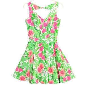 Lilly Pulitzer Freja Fit-and-Flare Flirty Floral Pink Green Cotton Dress Sz 2